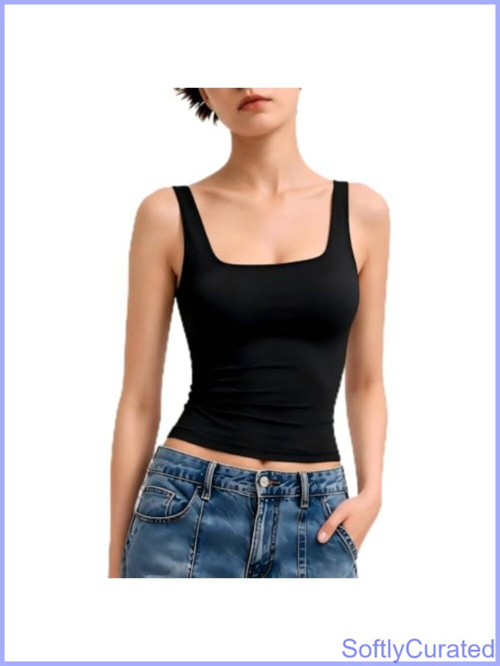 Double Layer Square Neck Fitted Sleeveless Tank Top Slimming Basic